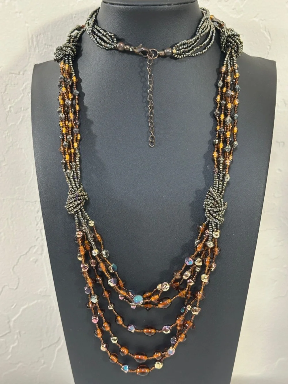 Multi-Strand Torsade Style Glass Brown, Amber & Iridescent Bead Necklace